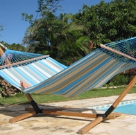 Exclusive turquoise and dusty green outdoor fabric hammock with 160 cm wide wooden spreader bars. No. VTQ603-PRO